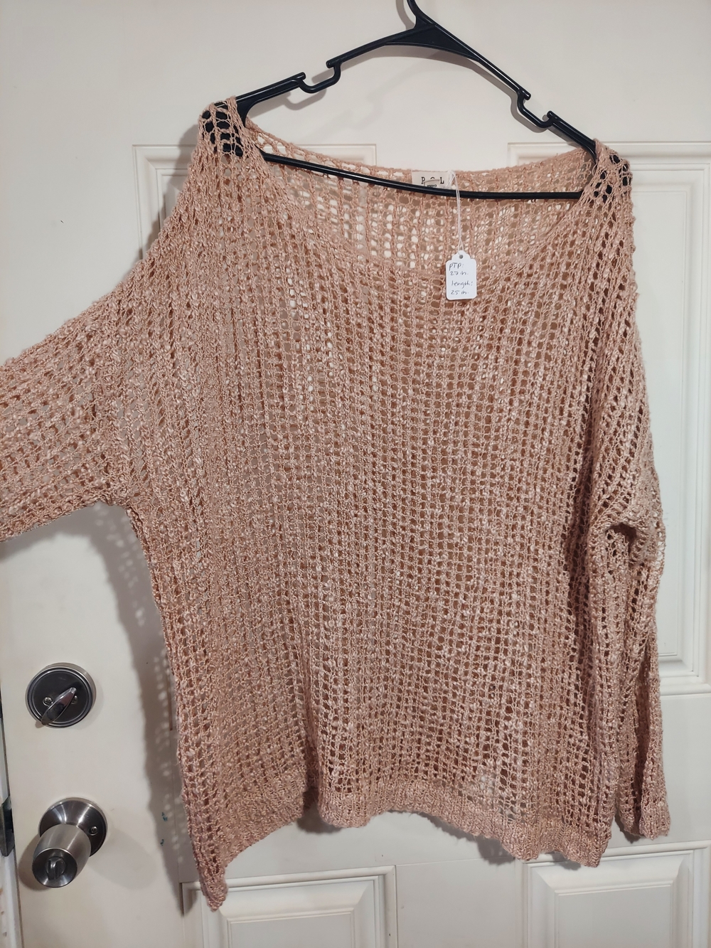 POL Blush Pink Open Knit Crochet Sweater Oversized Boho Fishnet Pullover Size Lg